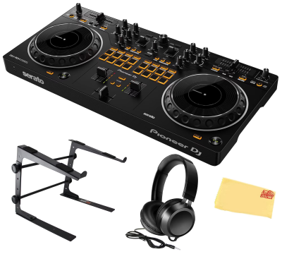 Pioneer DDJ-REV1 Scratch-Style 2-Channel DJ Controller for Serato DJ Lite - Black Bundle with Laptop Stand, Headphones And, Austin Bazaar Polishing Cloth