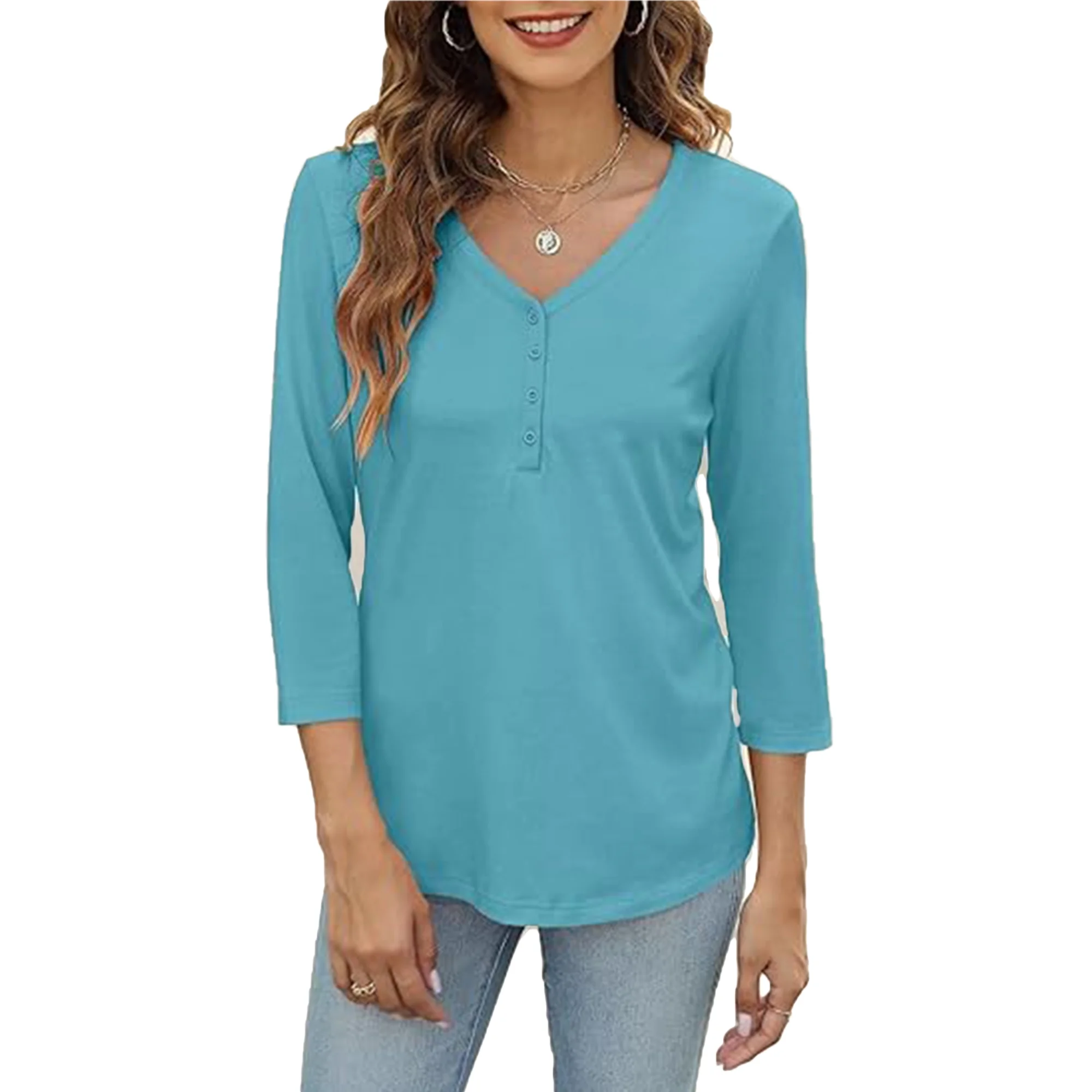 VDJ Button V Neck Tops for Women 3/4 Sleeve Comfort Soft Tshirts Basic Casual Tee Clothing Size XL