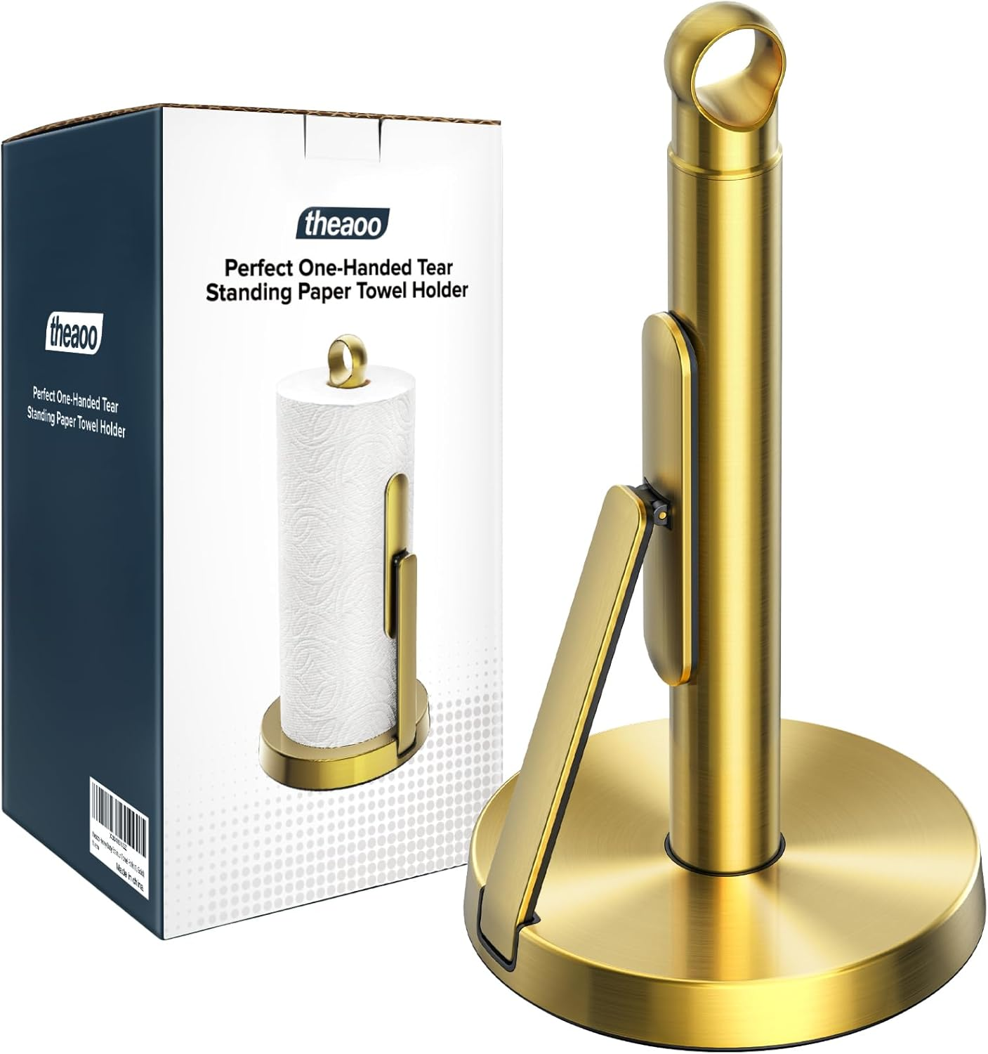 Heavy-Duty Stainless Steel Paper Towel Holder with Tension Arm – Easy One-Handed Tear, Modern Standing Countertop Dispenser for Kitchen, Holds All Paper Towel Rolls (1, Gold)