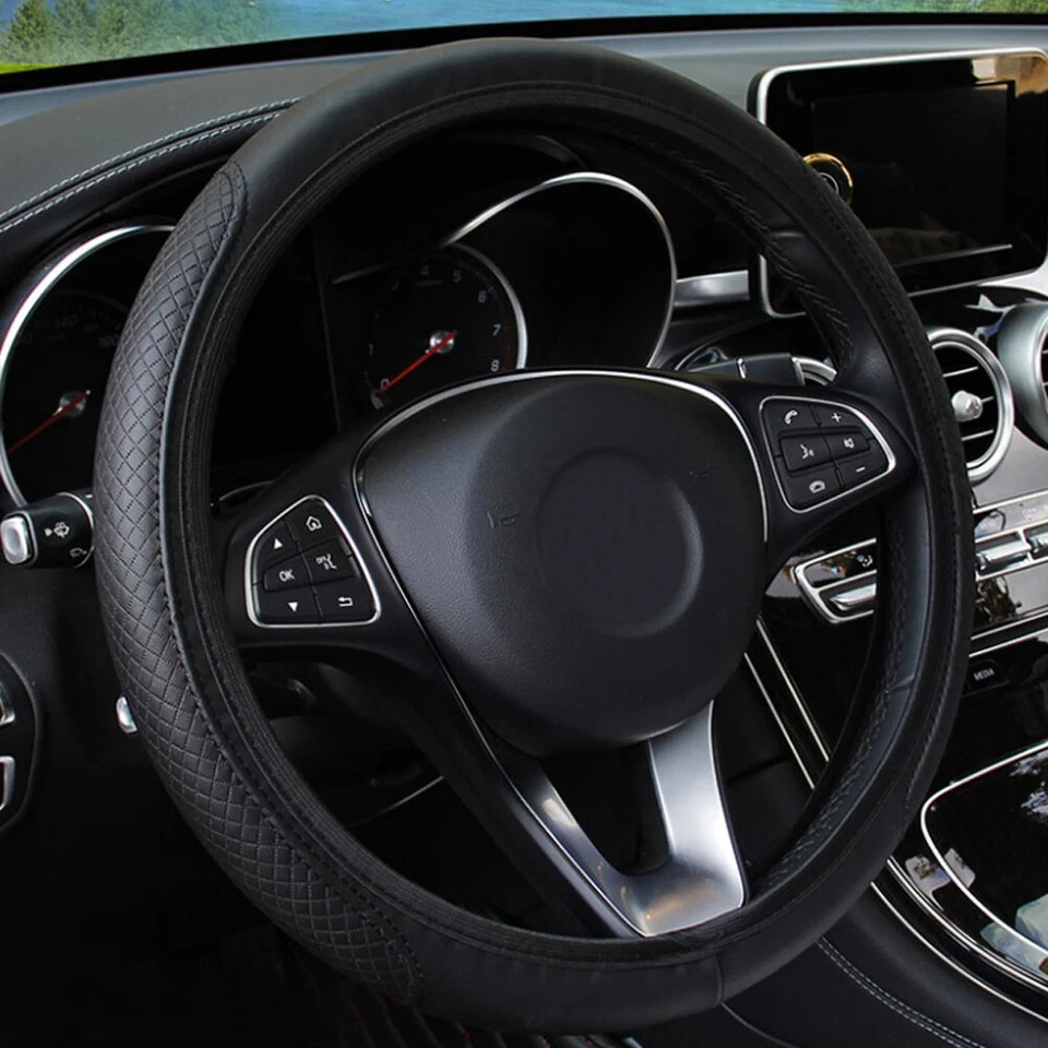 Car Leather Steering Wheel Cover Grip Car Accessories for 15\"/37-38CM Black