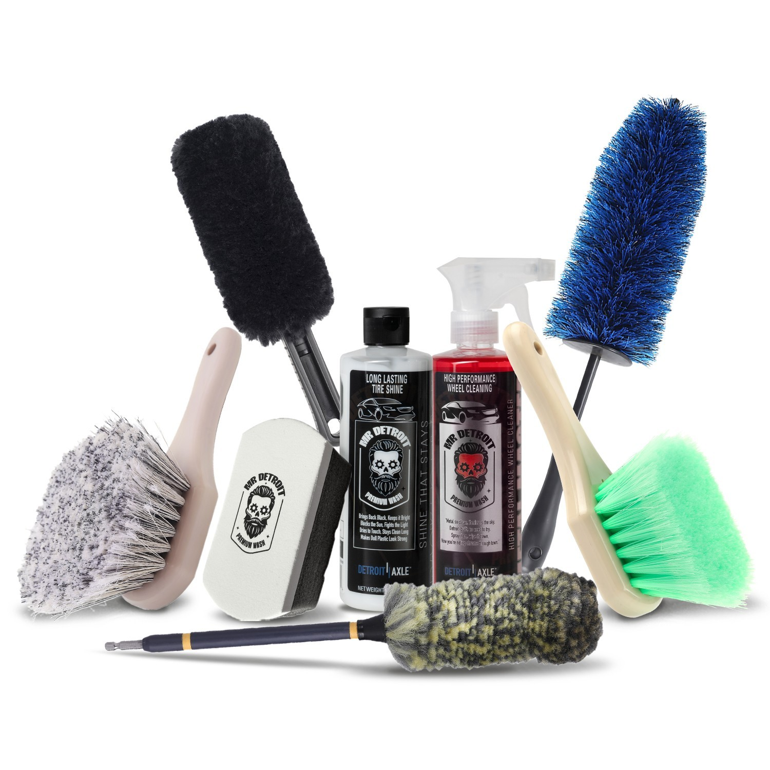 Mr. Detroit - 8Pc Car Wheel Detailing Kit with Tire Shine, Cleaner & Brush Set