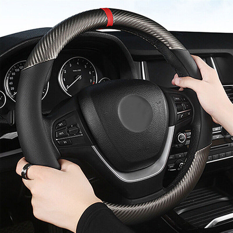 15" Sports Carbon Fiber Car Steering Wheel Cover Leather Anti-Slip Accessories