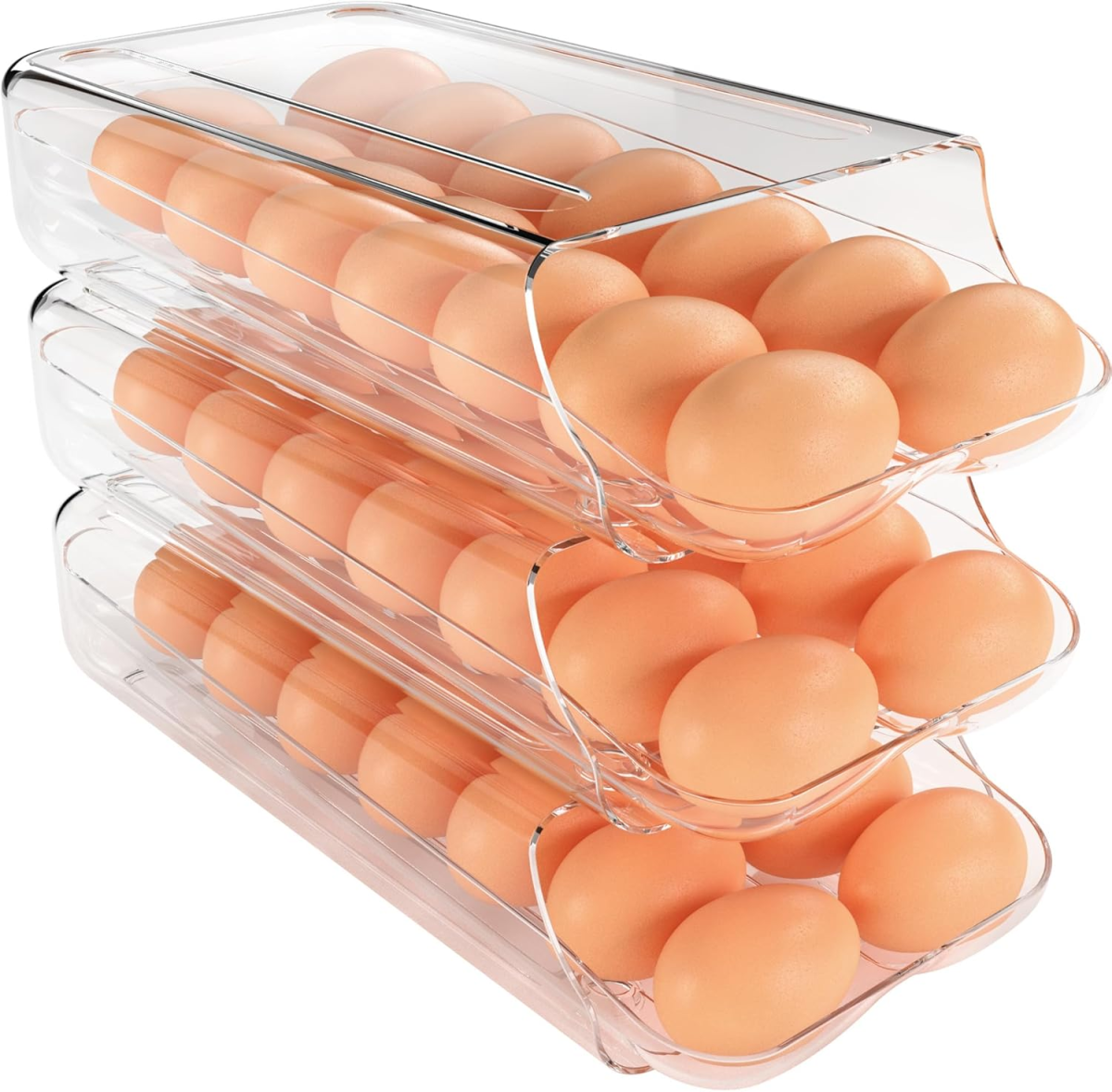 Egg Holder for Fridge, Automatic Rolling Egg Container for Refrigerator, Clear Plastic Egg Dispenser, Stackable Eggs Organizer with Quick Removable Inner Tray for Organizers and Storage, 3 Pack
