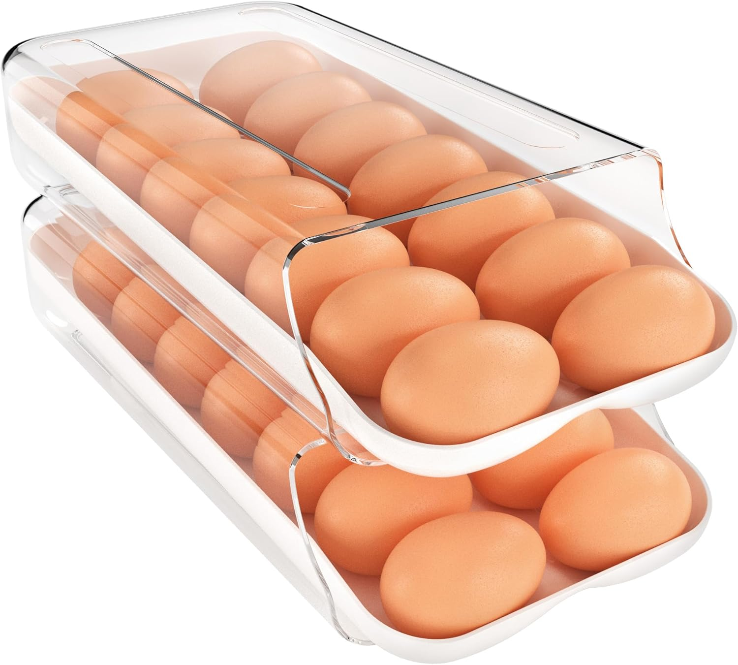 Egg Holder for Fridge, Automatic Rolling Egg Container for Refrigerator, Clear Plastic Egg Dispenser, Stackable Eggs Organizer with Quick Removable Inner Tray for Organizers and Storage, 2 Pack