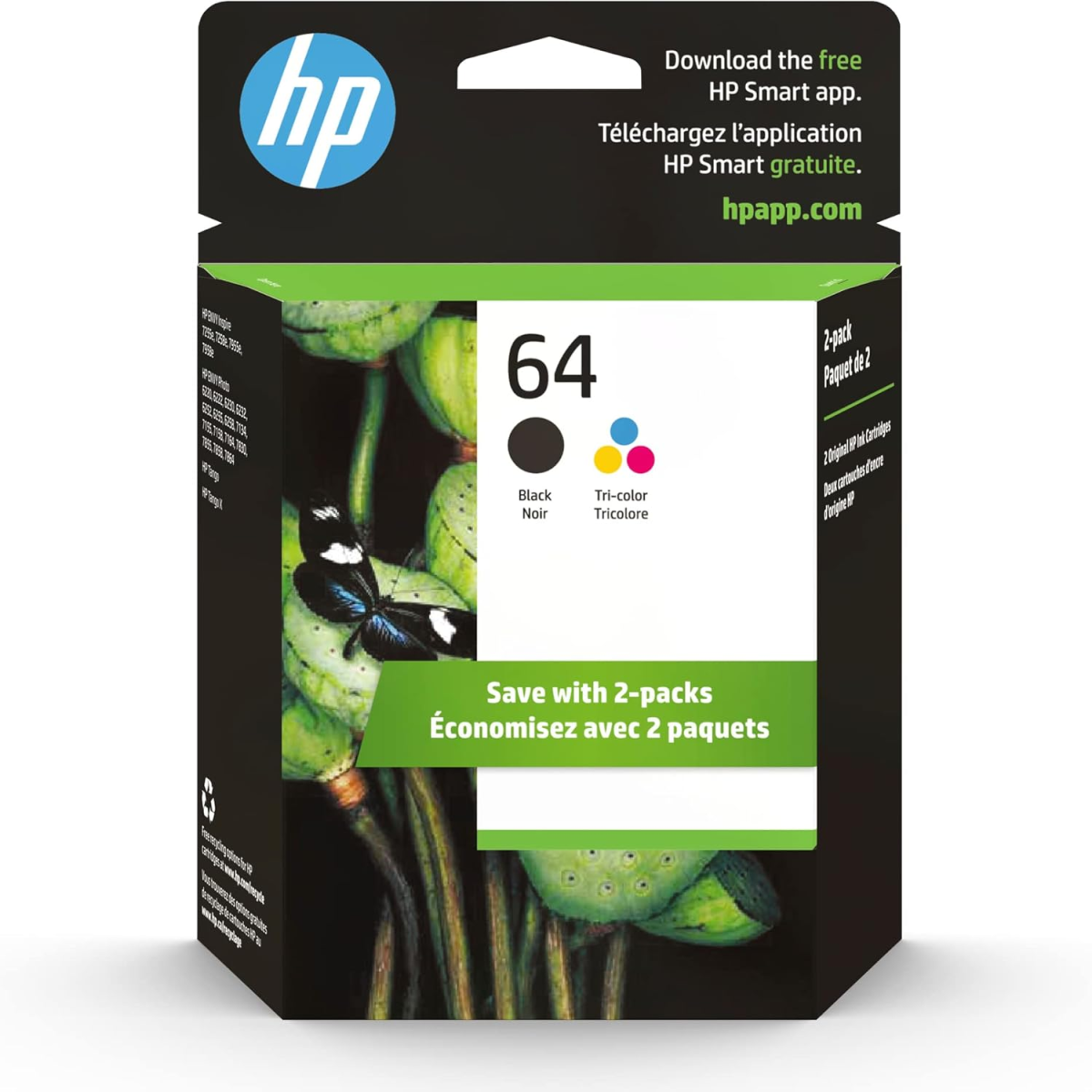 64 Black & Tri-Color Ink Cartridges Printers (Combo Pack) | Works with Printer Series: Inspire 7950E; Envy Photo 6200, 7100, 7800; Tango | Eligible for Instant Ink | X4D92AN