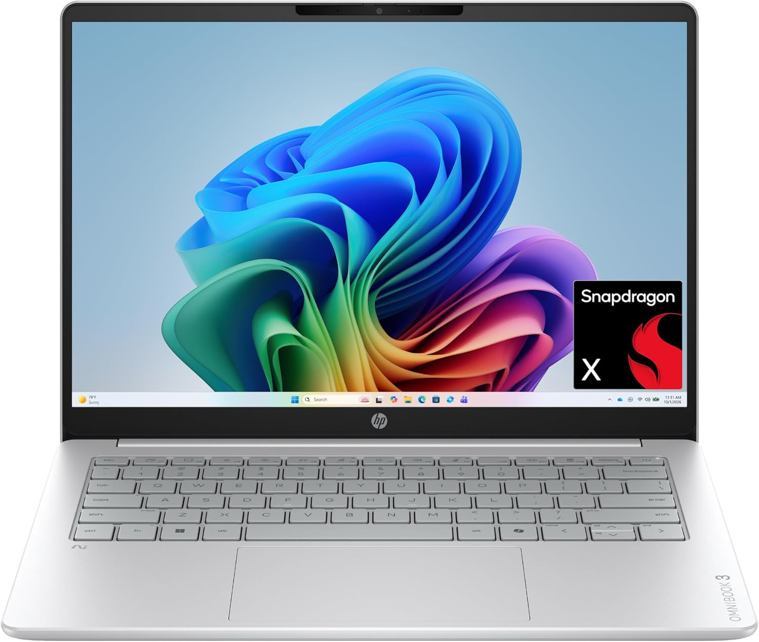 Omnibook 3 14 Inch Next Gen AI PC, 2K Display, Snapdragon X X1-26-100, 16 GB RAM, 512 GB SSD, Qualcomm Adreno GPU, Windows 11 Home, Glacier Silver, 14-Hz0099Nr