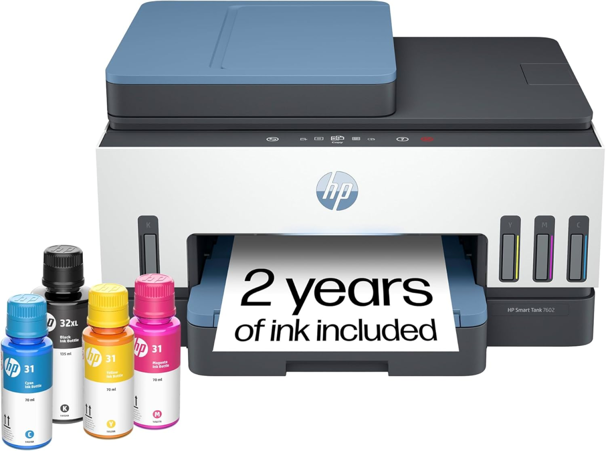 HP Smart Tank 7602 Wireless All-In-One Ink Tank Printer, Scanner, Copier with 2 Years of Ink Included, Best-For-Home Office, Cartridge-Free Refillable, Ai-Enabled (28B98A)
