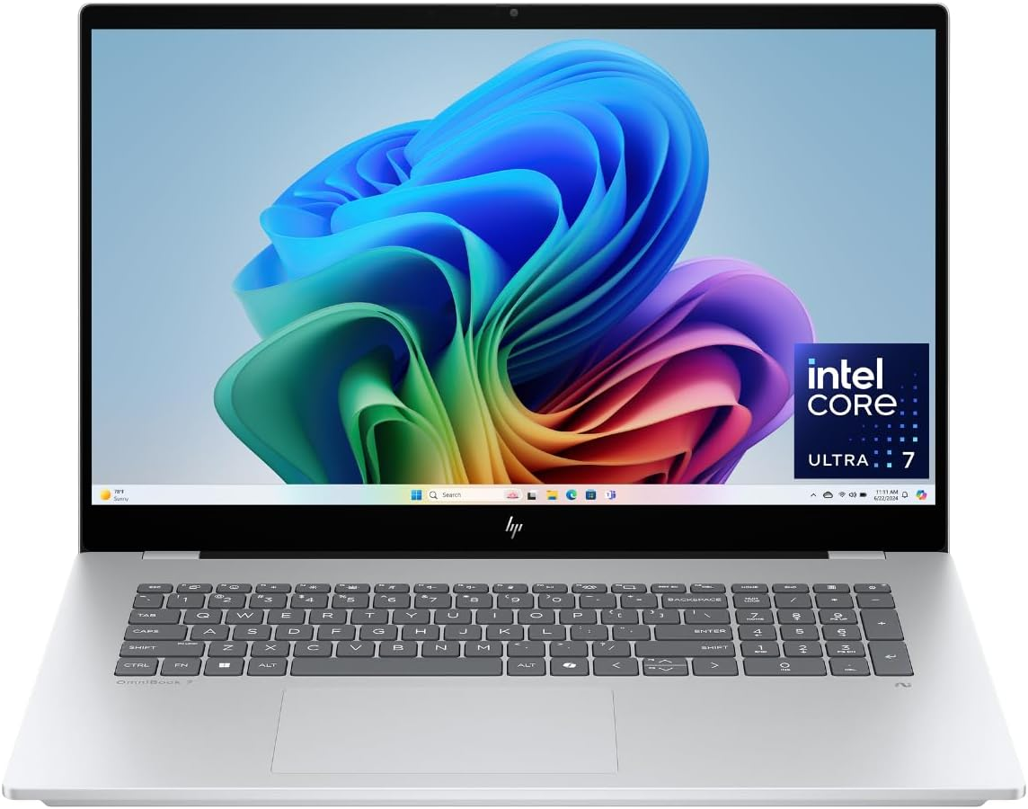 Omnibook 7 17.3 Inch Next Gen AI PC, FHD Touchscreen Display, Intel Core Ultra 7 256V, 16 GB RAM, 1 TB SSD, Intel Arc 140V GPU, Windows 11 Home, Copilot+ PC, Glacier Silver, 17-Dc0000Nr