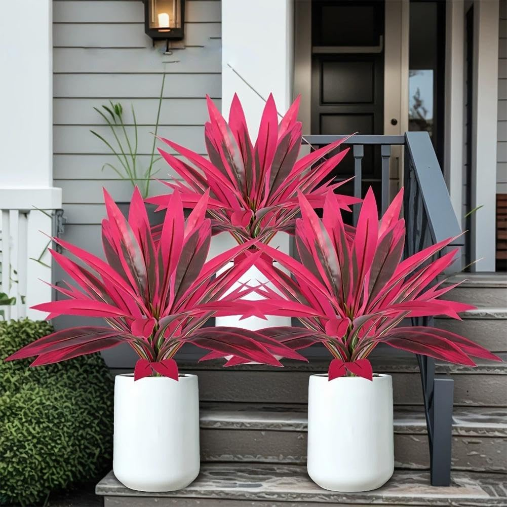 3PCS Large Realistic Artificial Boston Fern & Dragon'S Blood Tree Plants with Vibrant Pink Purple Leaves, UV Resistant Outdoor Fake Ferns for Patio Garden Balcony Wedding Decor Home Faux Foliage
