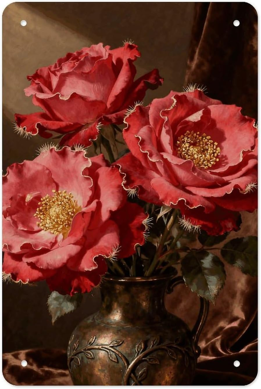 Bean-Rose Red Metal Wall Art Fashionable and Popular Iron Painting Premium Folded-Edge Tin Wall Decor Iron Wall Hanging Metal Wall Art for Home Bar Decor & Gift Giving