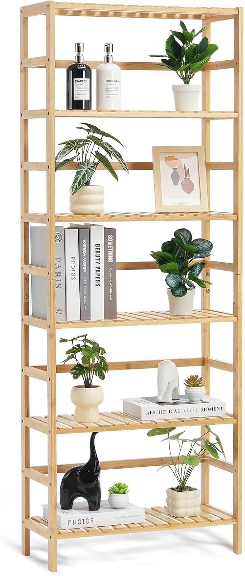 6-Tier Bamboo Shelf, Open Wood Bookshelf, Display Storage Rack Organizer, Freestanding Flower Plant Stand, Multifunctional Bamboo Bookshelf Ideal for Bathroom, Bedroom, Office, Study, Natural