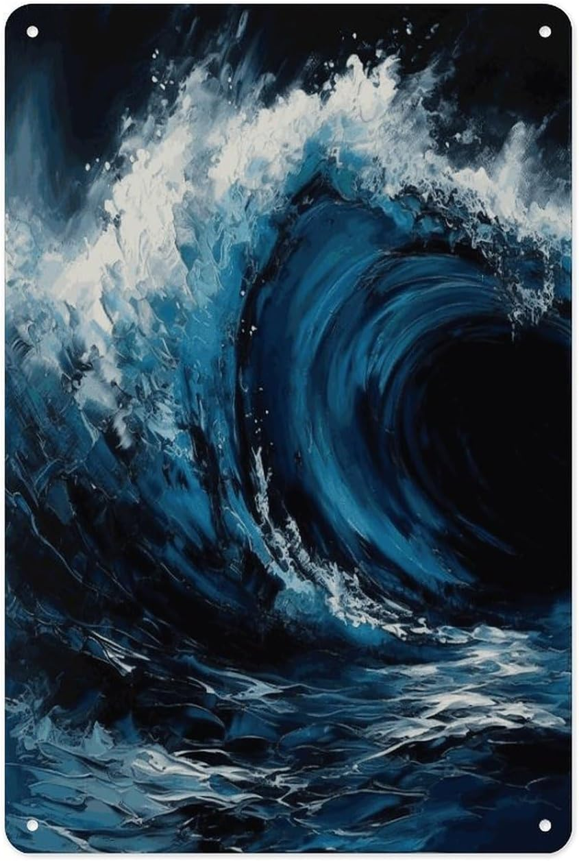 Blue Wave Painting Yard Signs Wall Hanging Decor, Tin Signs Aluminum Indoor,Posters Art 7.9 X 11.8 Inch for Garage, Man Cave, Basement, Home Bar