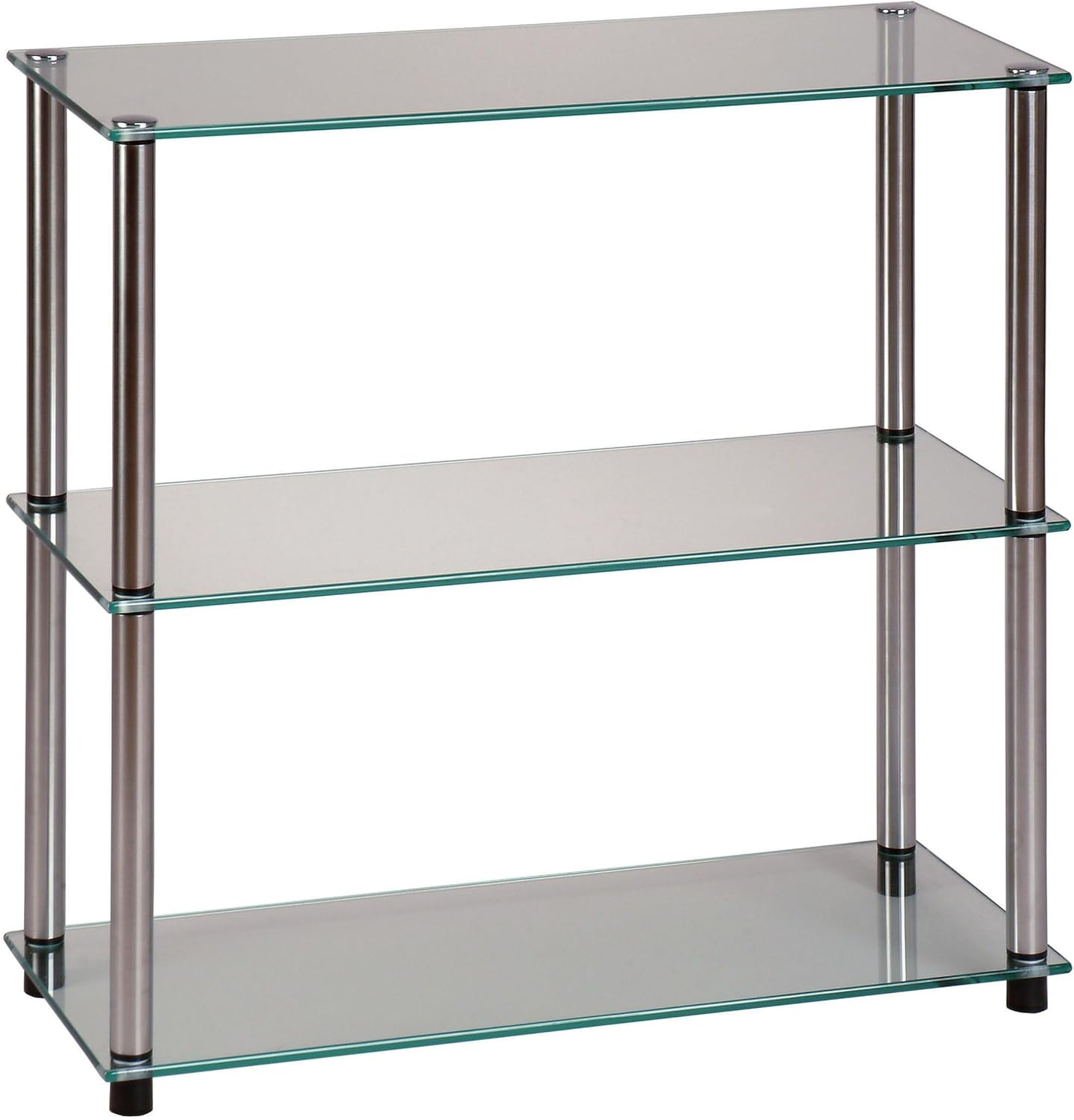 Designs2Go Classic Glass 3-Tier Bookshelf 28" - Modern Media Stainless Steel Bookcase for Living Room, Display Storage Shelves for Family Room, Bathroom, Office, Glass/Chrome