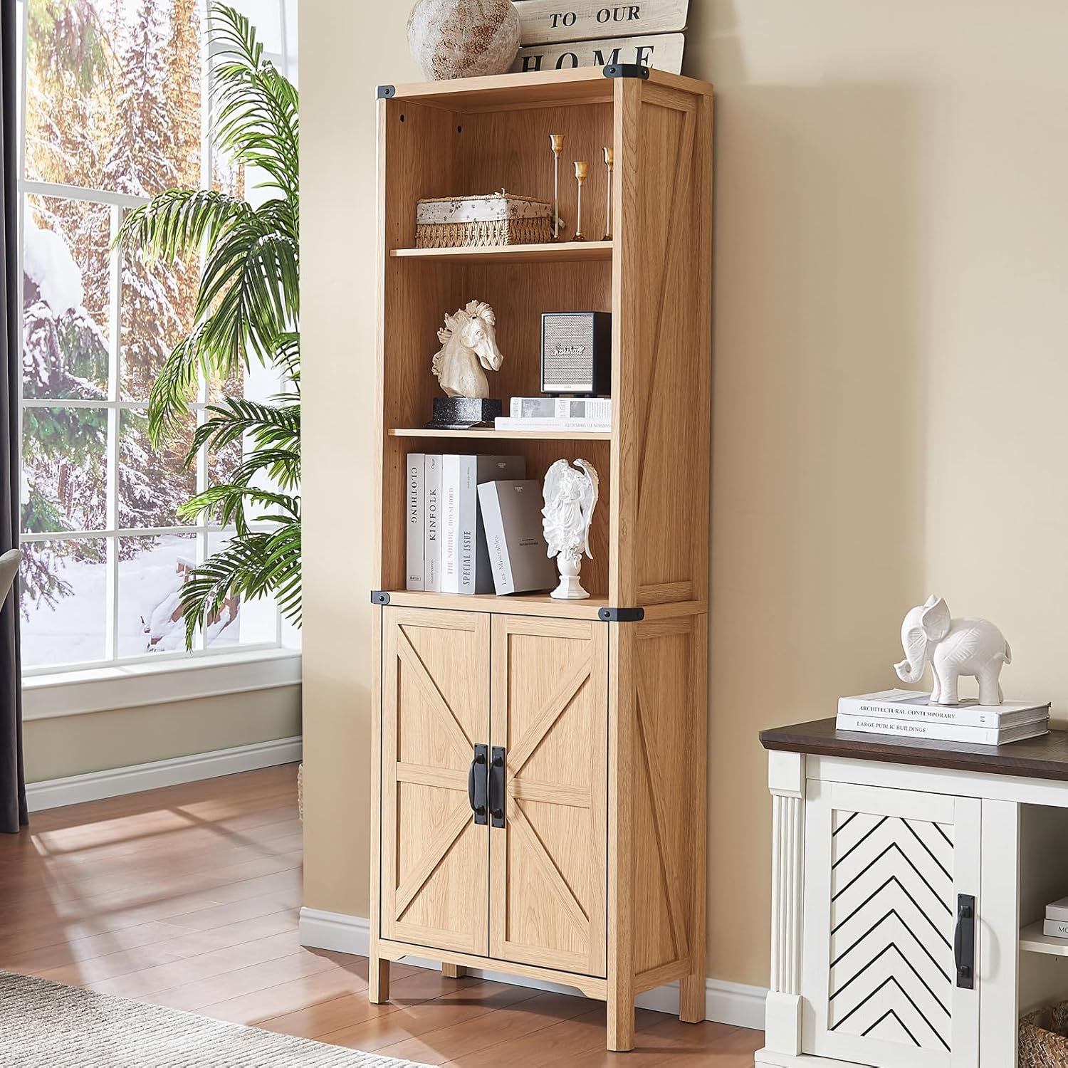 71" Tall Bookshelf, 5 Tier Bookcase with Adjustable Shelves and Barn Doors,Natural Wood Farmhouse Bookshelf with Storage Cabinet,Wood Freestanding Display Bookshelves for Bedroom,Living Room