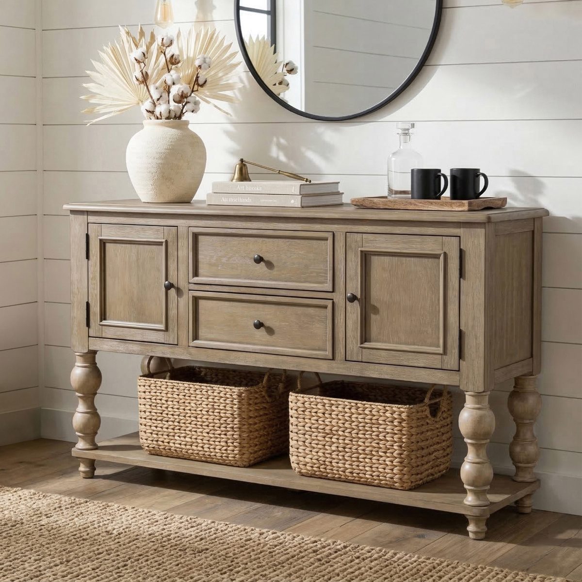 Lociste Modern Farmhouse Multi-Storage Solid Wood Server, Light Washed White