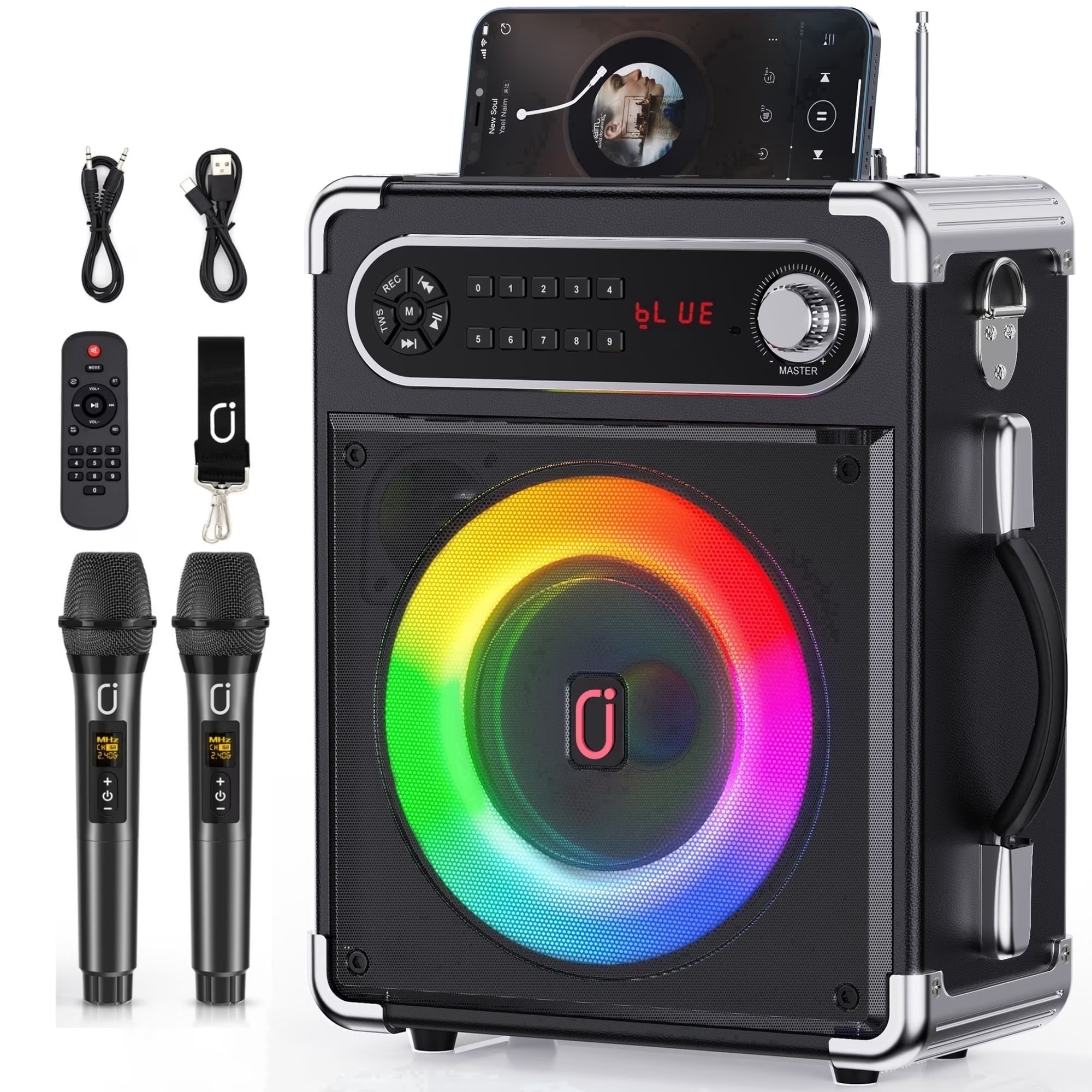 Karaoke Machine for Adult, Portable Bluetooth Speaker for Party, Home Karaoke System with 2 Microphones, Dj Lights