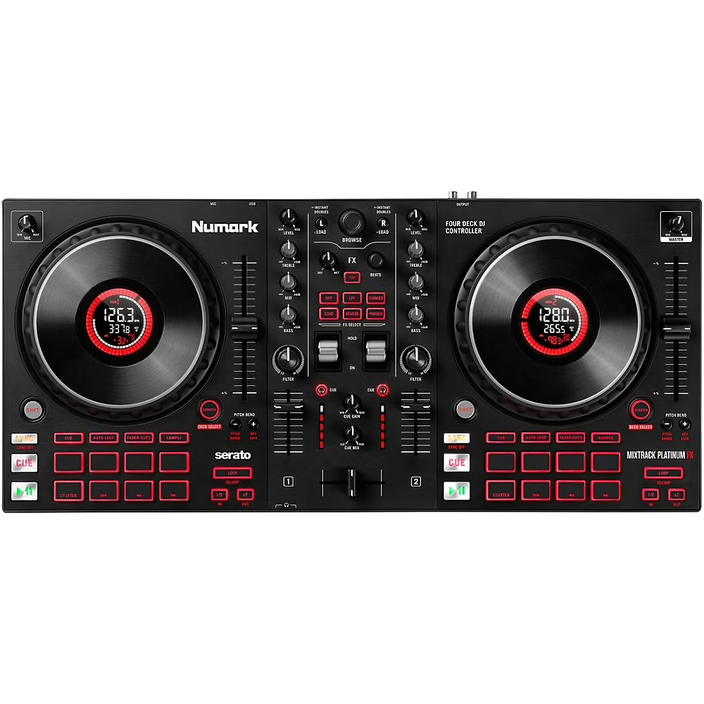 Mixtrack Platinum FX - DJ Controller for Serato with 4 Deck Control, Mixer, Built-In Audio Interface, Jog Wheel Displays and Paddles