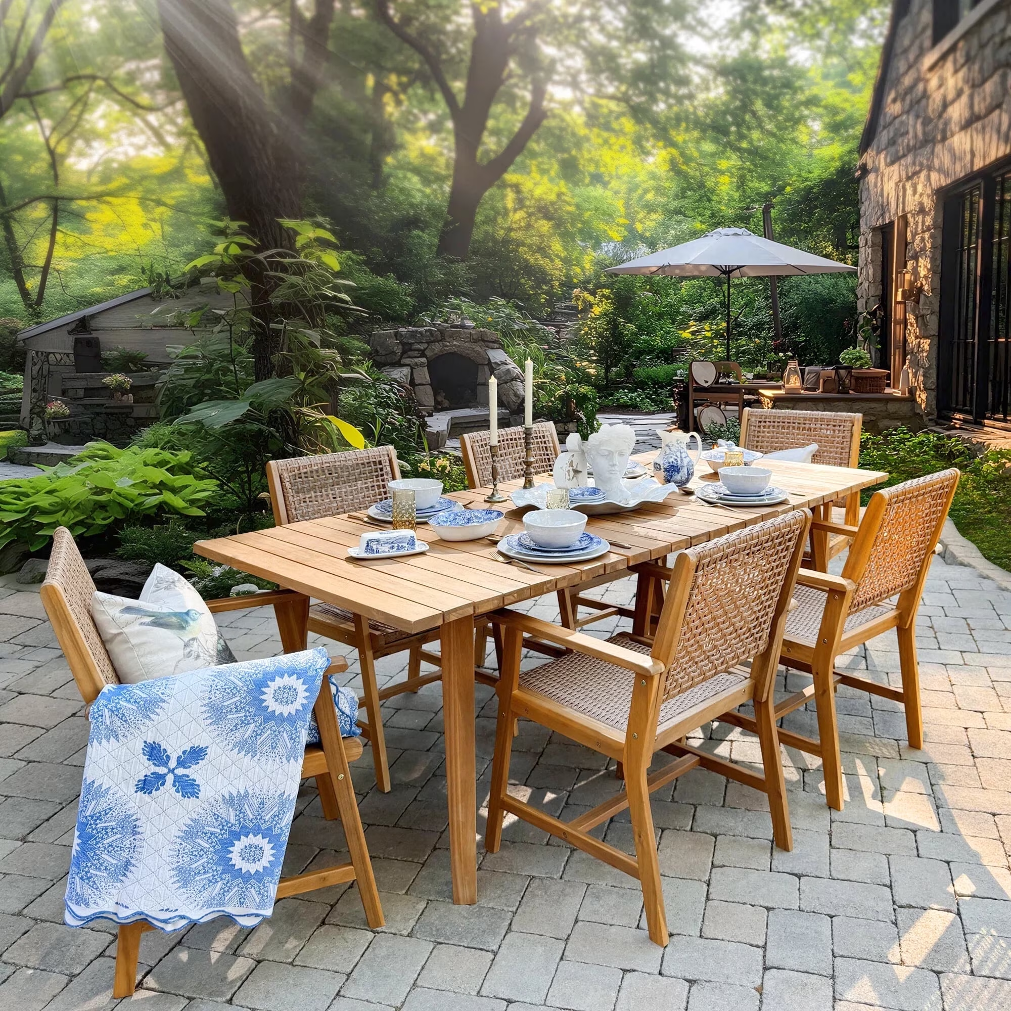7-Piece Acacia Wood Outdoor Patio Dining Set with 6 Wooden Chairs (Weight Capacity 350 Lbs) with Rattan Seat & Back and Acacia Wood Table