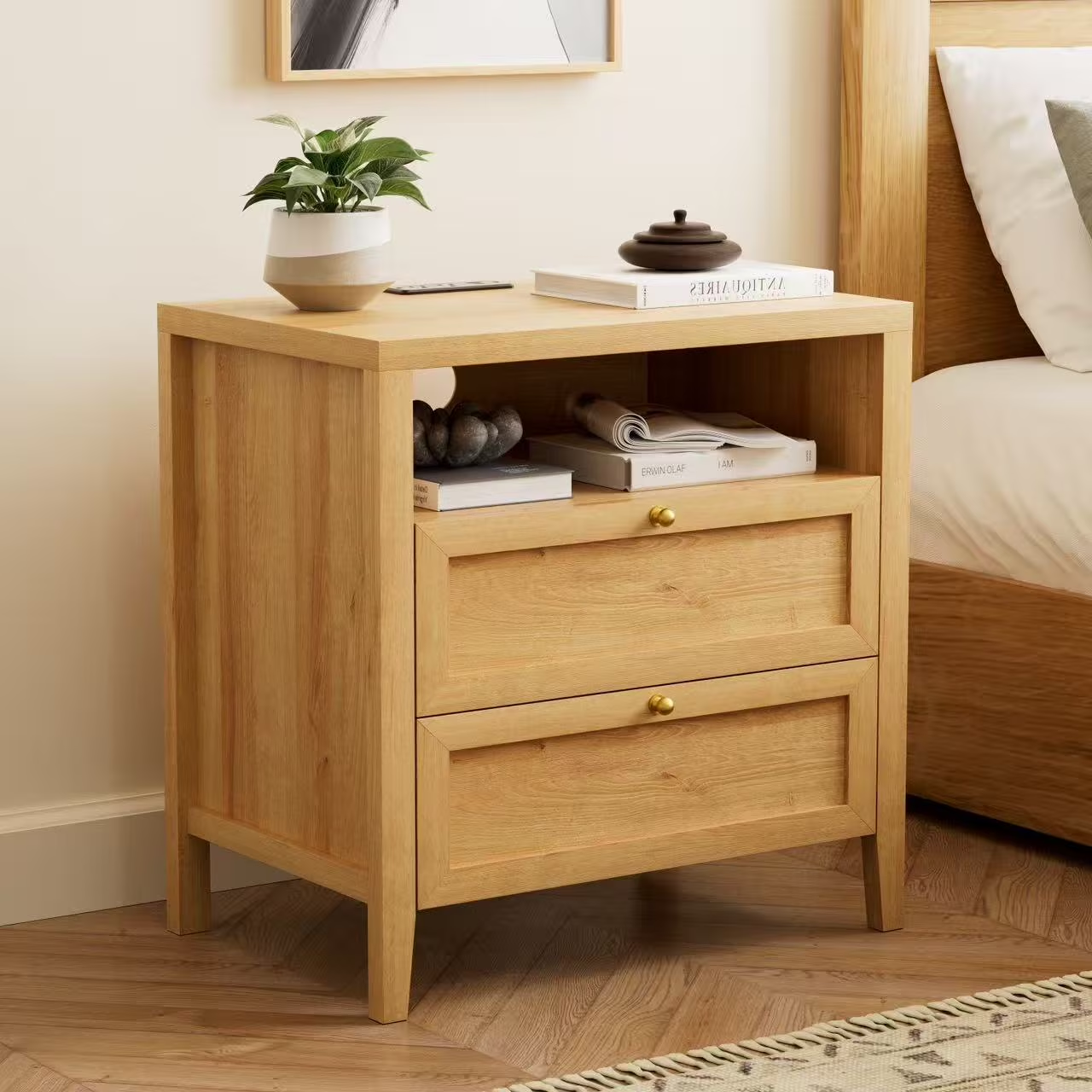 Farmhouse End Table with 2 Drawers, Wooden Nightstand with Open Storage Cable Hole Freestanding Wide Bedside Table for Bedroom Living Room Sofa, Natural Oak