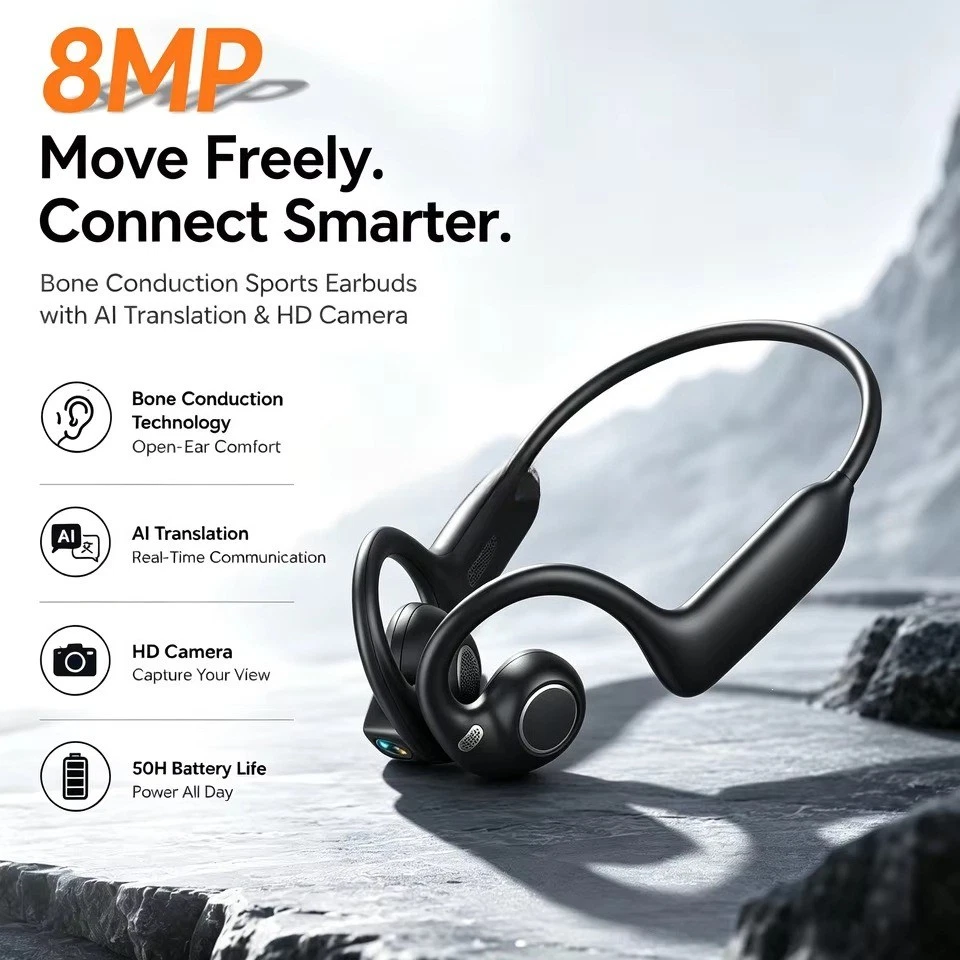 Wireless AI Smart Bone Conduction Camera Headphones Bluetooth Open-Ear Headset