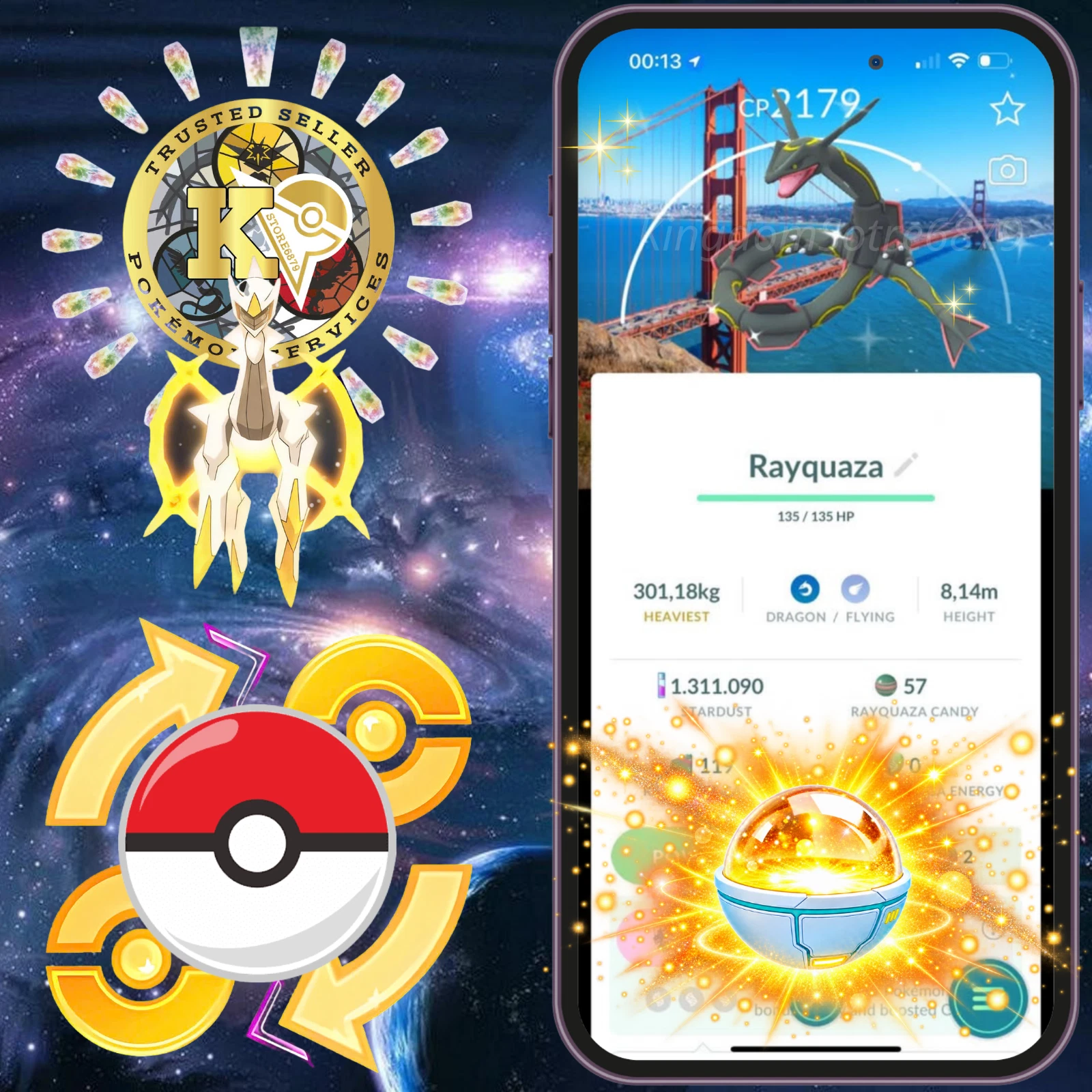 Pokémon —GO— P.T.C or TRADE— Shiny Rayquaza —San Francisco Background—Digital♻️