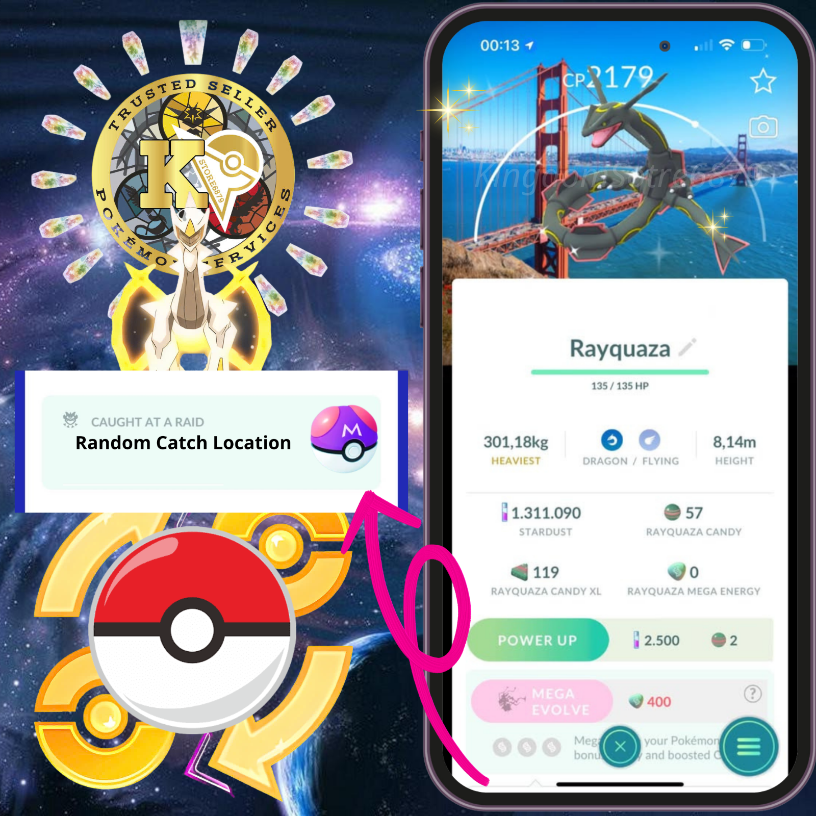 Pokémon —GO— P.T.C or TRADE— Shiny Rayquaza —San Francisco Background—Digital♻️