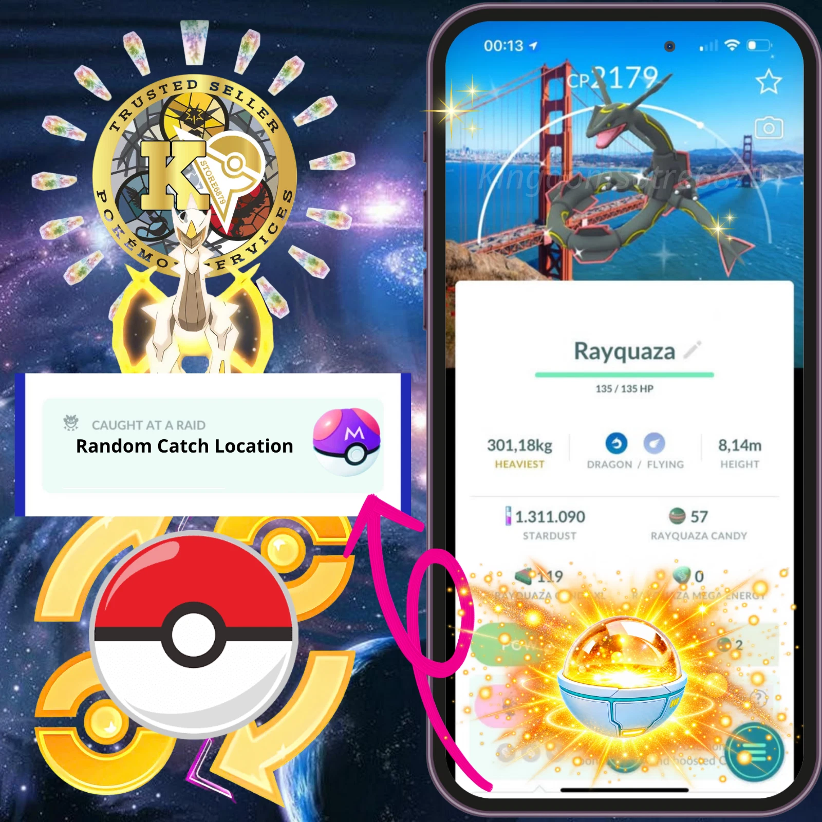 Pokémon —GO— P.T.C or TRADE— Shiny Rayquaza —San Francisco Background—Digital♻️