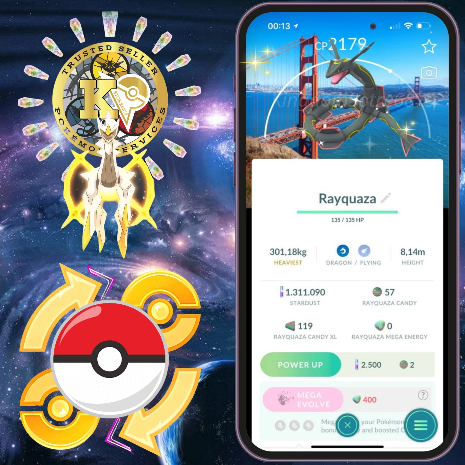 Pokémon —GO— P.T.C or TRADE— Shiny Rayquaza —San Francisco Background—Digital♻️