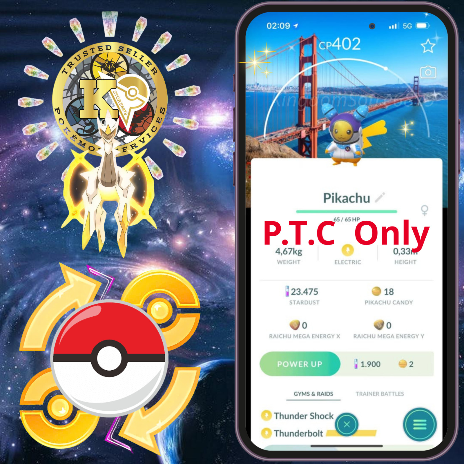 Shiny Pikachu wearing a Cosmog-themed spacesuit—San Francisco Background—Digital