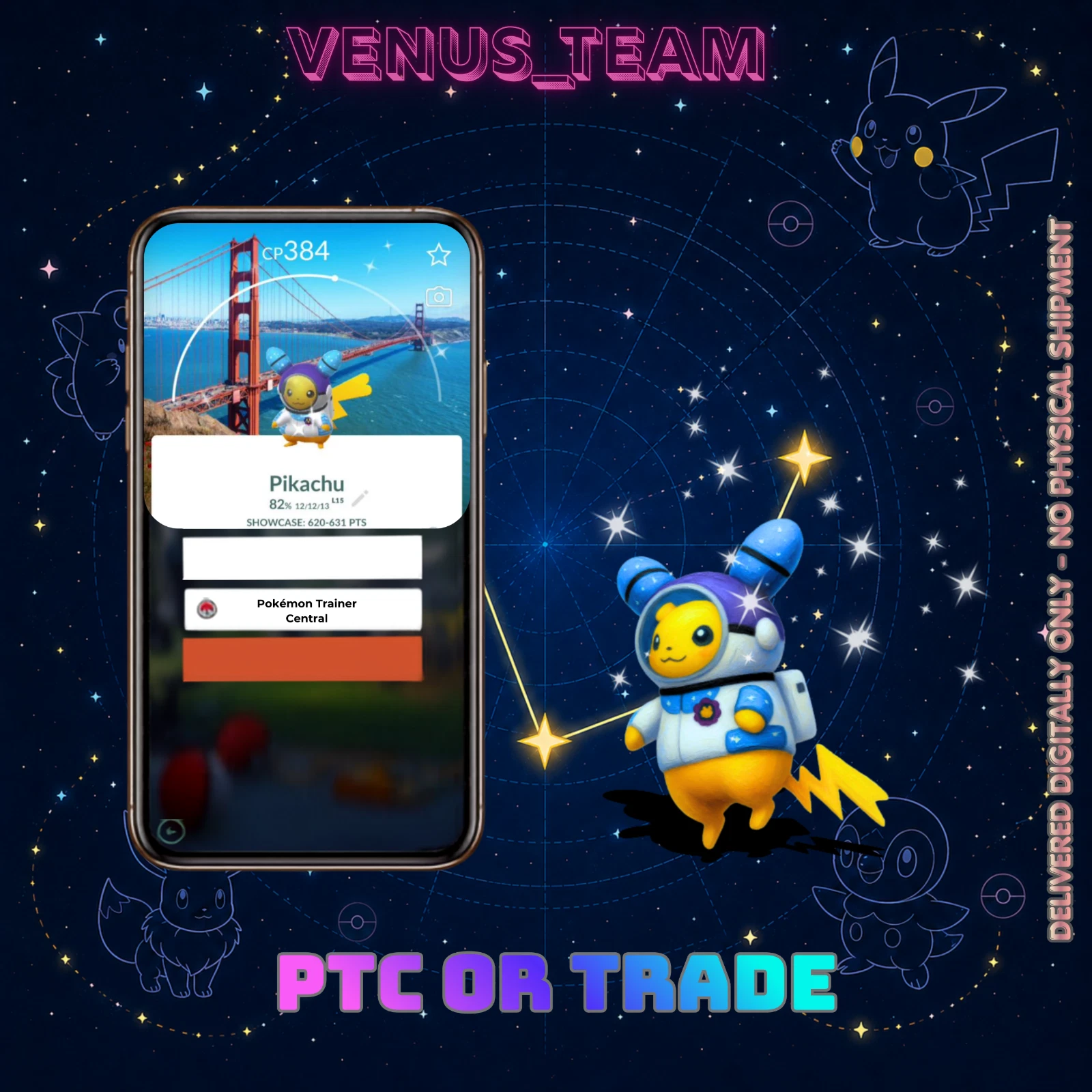 Shiny Pikachu wearing a Cosmog-themed spacesuit San Francisco Background ✨ READ