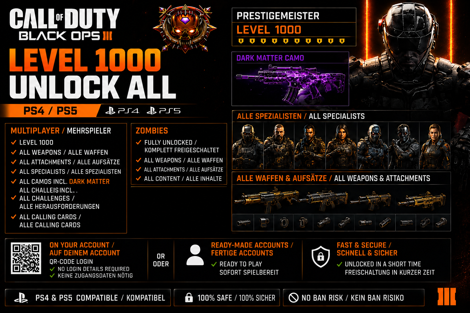 PS5/PS4 BLACK OPS 3 UNLOCK EVERYTHING DARK MATTER + LEVEL 1000 ZOMBIE MULTIPLAYE