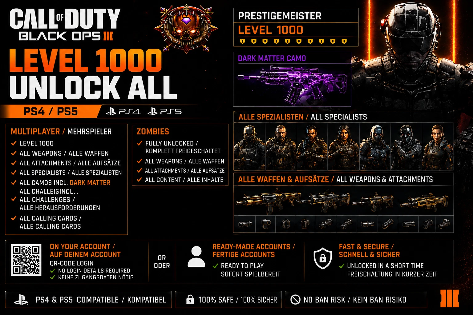 PS5/PS4 BLACK OPS 3 UNLOCK EVERYTHING DARK MATTER + LEVEL 1000 ZOMBIE MULTIPLAYE
