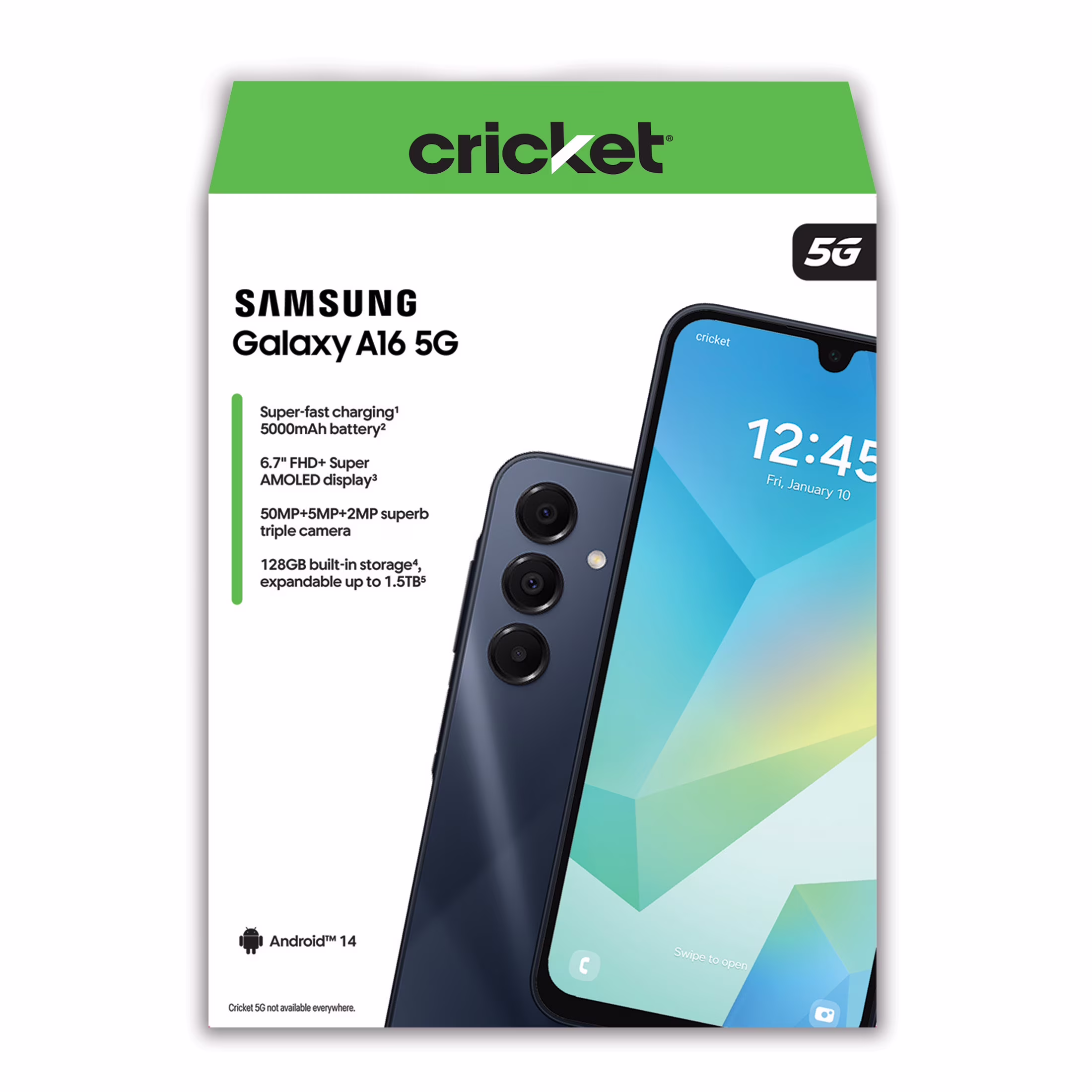 Cricket Wireless Samsung Galaxy A16 5G 128GB, 4GB (Prepaid), Blue Black