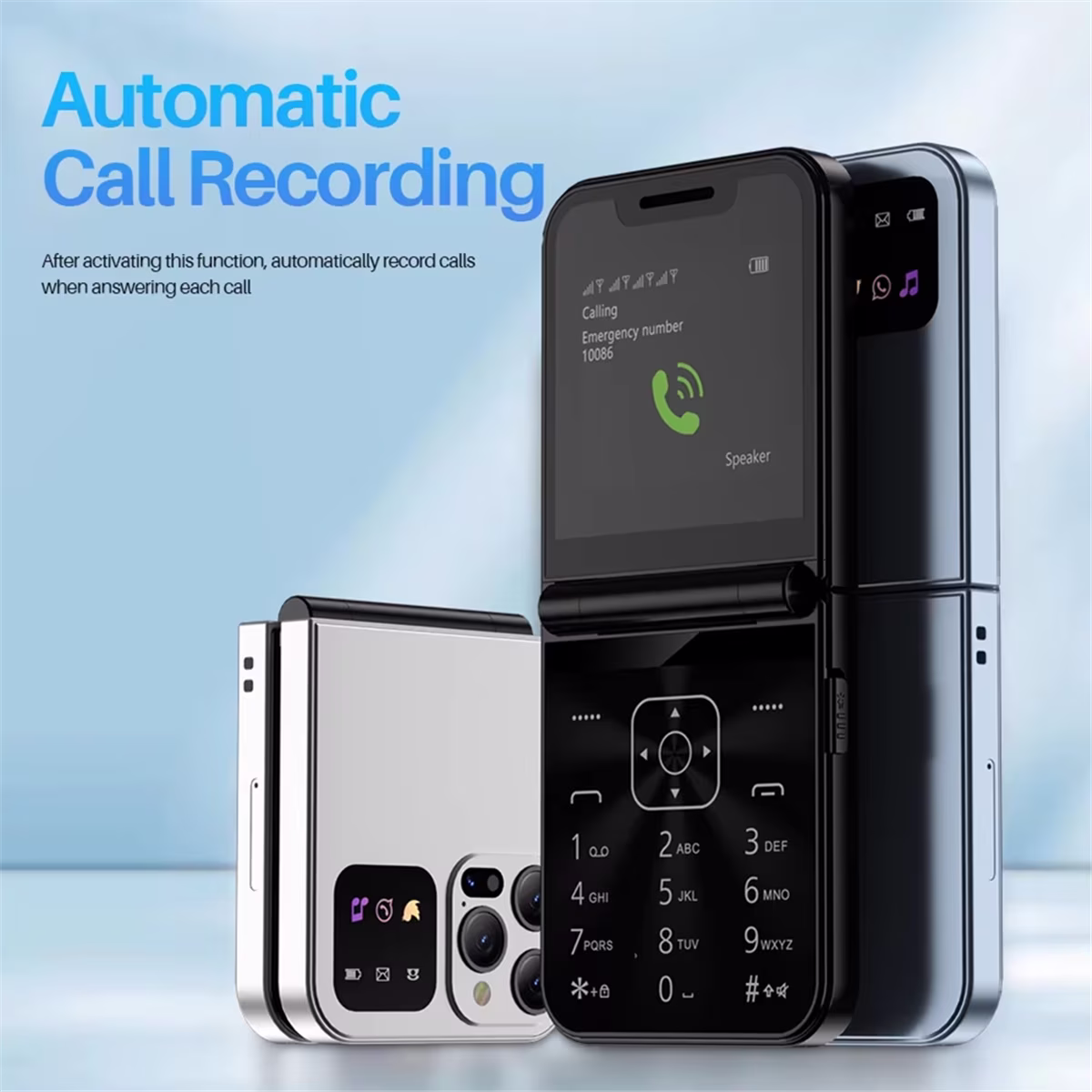 A50 Pro Flip Phone Dual SIM Card GSM Automatic Call Recording 2.4 Inch Screen Foldable Mobile Phones Type-C White