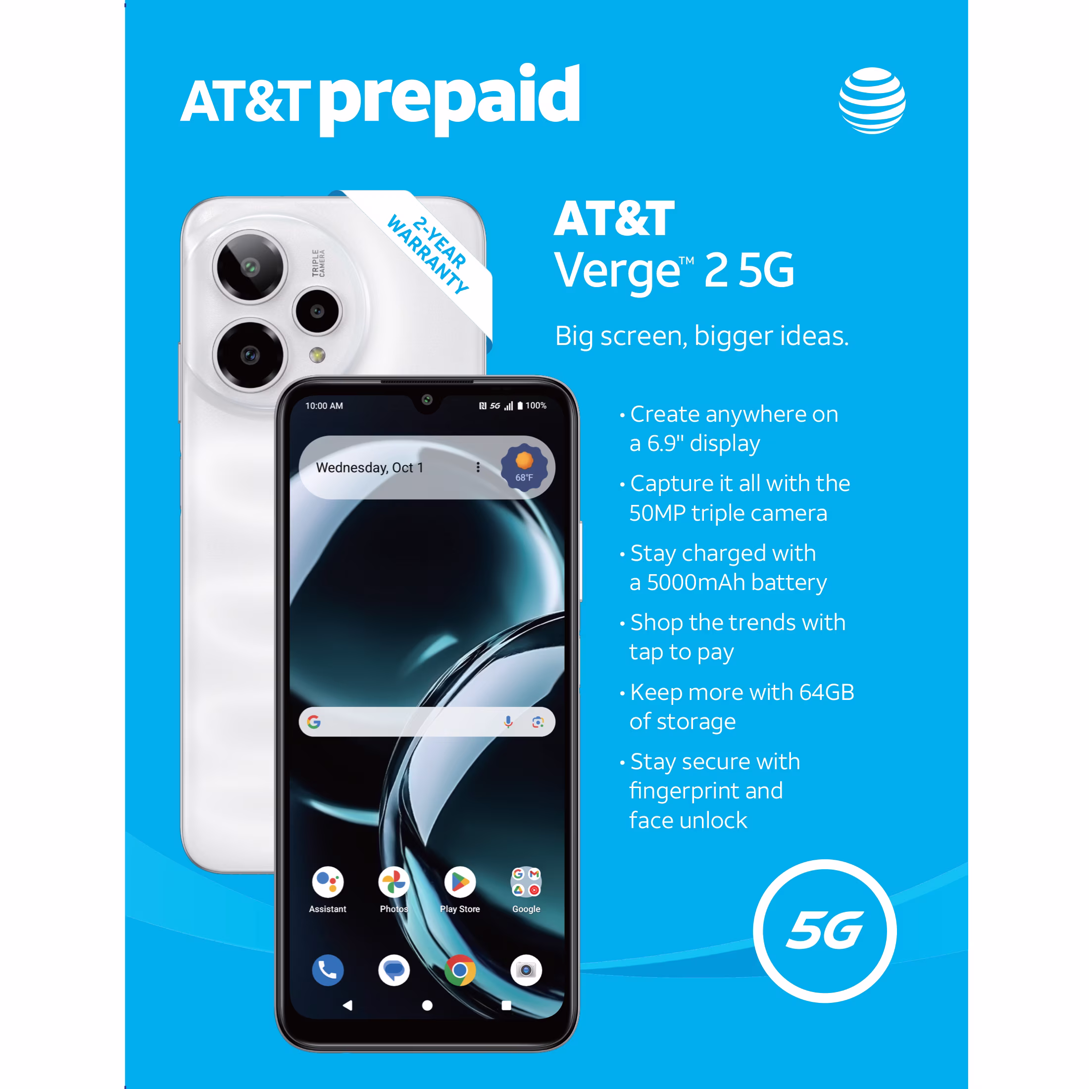 AT&T Verge 2 5G, 64GB, Ivory White - Prepaid Smartphone [Locked to AT&T]