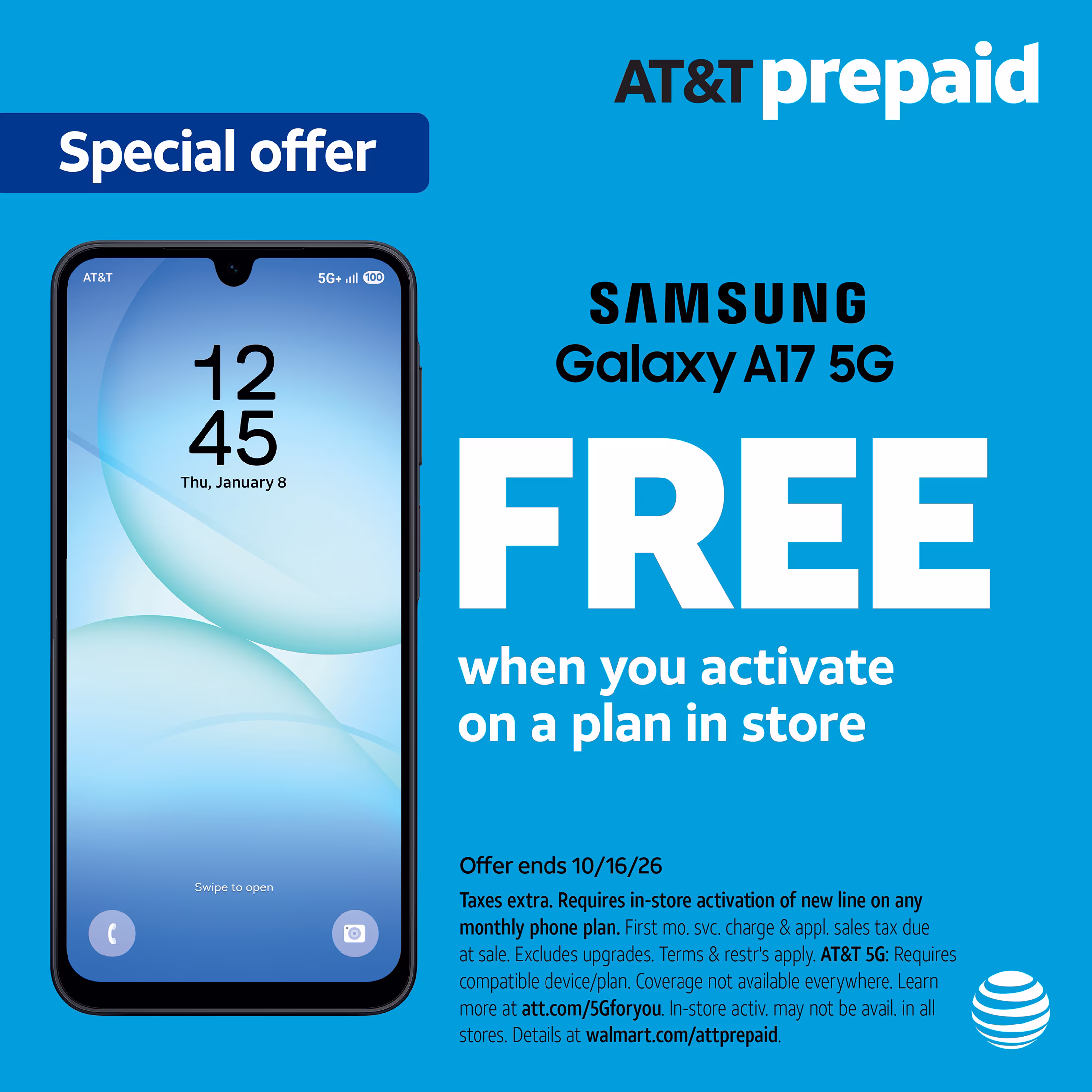 AT&T Samsung Galaxy A17 5G, 128GB, Black - Prepaid Smartphone[Locked to AT&T]